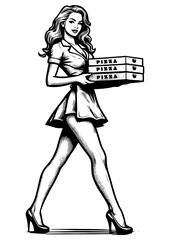 pin-up girl, confidently delivering a stack of pizza boxes with a flirty smile sketch engraving generative ai fictional character PNG illustration. Scratch board imitation. Black and white image. - obrazy, fototapety, plakaty