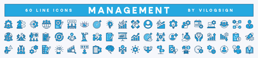 Set of business and management icon. Containing teamwork, statistics data, strategy, development, project, manage, plan, schedule, time, partnership, manager, workflow, decision. Vector illustration
