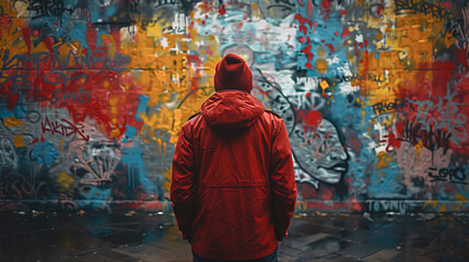 A man stands in front of a colorful wall covered with graffiti. - Powered by Adobe