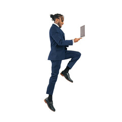 Full body photo of a black male businessperson jumping while looking at a laptop. Full body photo...