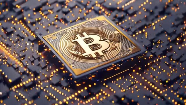 Shiny golden Currency with Bitcoin symbol. Cripto money, e-commerce finance virtual digital exchange concept. Gold sparkles on dark background