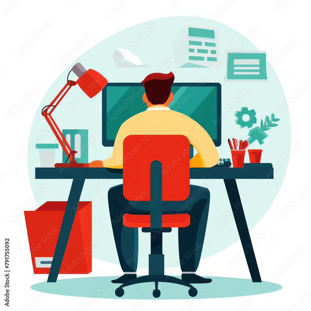 Poster modern workspace with person sitting at desk using computer and desk lamp, illustration concept for 