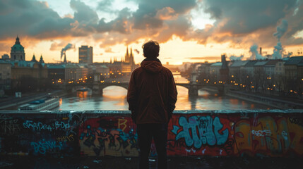 Man stands on a bridge and looks at the sunset in the city.