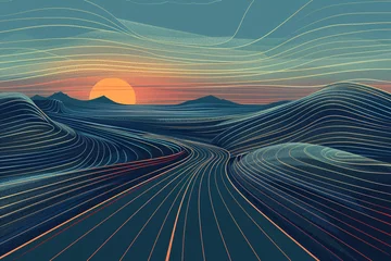 Poster Stylized digital landscape with sunset over undulating blue lines © youriy
