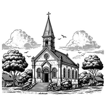 black and white church building scene clip art preview