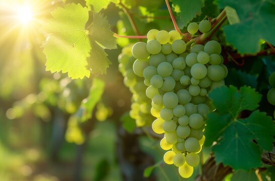 Cluster of juicy green grapes hanging from a vine, bathed in warm sunlight, symbolizing abundance - Powered by Adobe