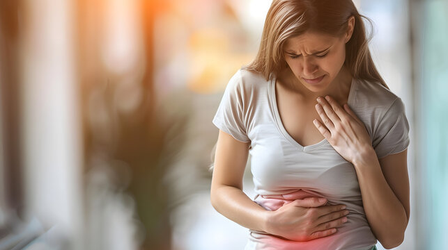 A woman having stomach ache, sickness healthcare concept
