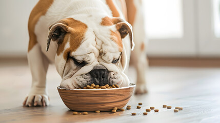 Obraz premium A french bulldog eating Pellet food from bowl