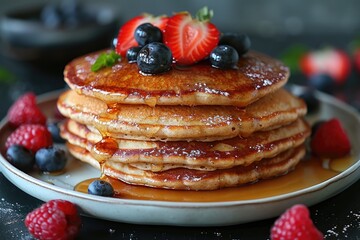 A stack of four pancakes with blueberries, raspberries and strawberries on top