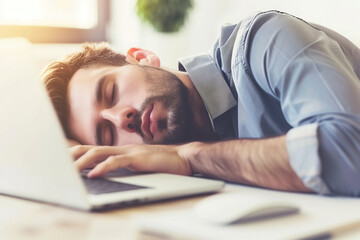 Obraz premium Office burnout: tired man dozes off with computer