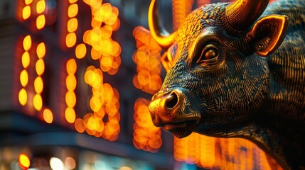 Close-up of a bull statue with glowing eyes set against a bokeh background of market lights, representing economic optimism.