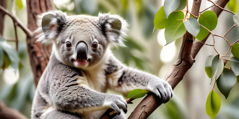 Obraz premium Koala Bear Sit On The Branch of the tree and eat leaves 4K Wallpaper, blur background