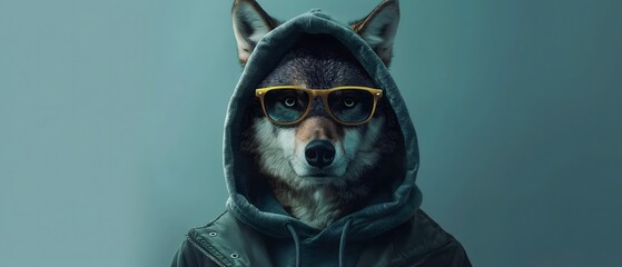 wolf with cool sunglasses, dark glasses, wearing hoodie, light green background