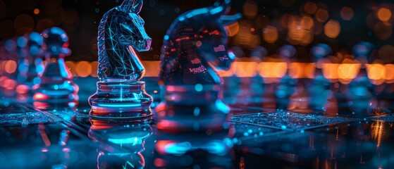 Neon-lit chess pieces on a board with financial data projections, symbolizing strategic decision-making in investments and market analysis.