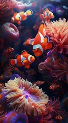 A school of bright orange clownfish with distinctive white stripes swimming in a thriving coral underwater scene - obrazy, fototapety, plakaty