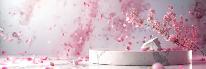 Soft pink cherry blossoms fall gracefully around a delicate marble podium on a dreamy spring background - obrazy, fototapety, plakaty