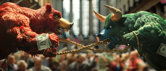 Intense representation of market volatility with a bull and bear in tug of war over money. - obrazy, fototapety, plakaty