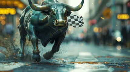 A dynamic image of a bull statue with a checkered flag, symbolizing victory and momentum in a city setting.