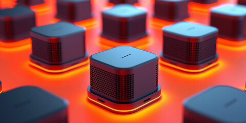 Colorful illuminated speakers stacked on top of each other in red and blue lights for party concept design