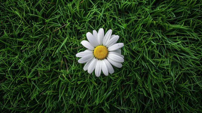 Overhead view of a vibrant daisy with stark white petals and a bright yellow center set against fresh green grass.