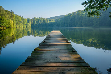 Fototapeta na wymiar A wooden dock stretching out into a calm lake, perfect for fishing or lounging.