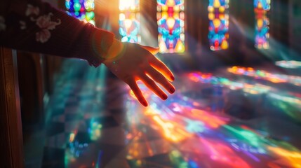 Woman's hand with cross. Concept of hope, faith, christianity, religion, church online. religion rendered ,and subtle reflections., Christian Religion concept inside church