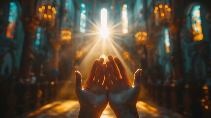 Woman's hand with cross. Concept of hope, faith, christianity, religion, church online. religion rendered ,and subtle reflections., Christian Religion concept inside church - obrazy, fototapety, plakaty
