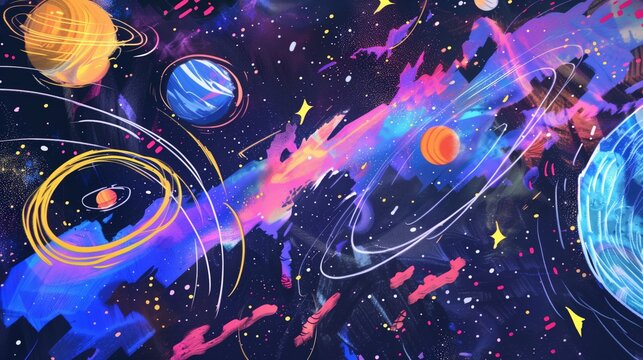 Abstract depiction of space bursts with vivid colors and planetary motifs, creating a dynamic and spirited celestial scene.