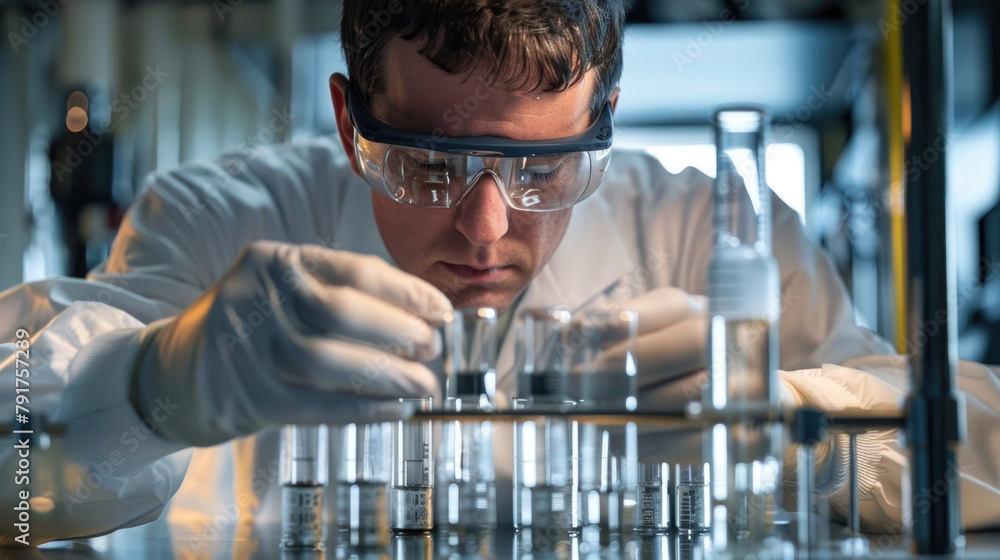 Poster a man wearing a white lab coat and goggles is seen working on a pipe in a workshop setting