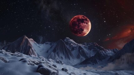 Lunar Eclipse over Snowy Mountain Peaks.