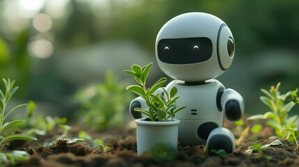 white robotic holding mini pot of plant on center. in company background. generative AI
