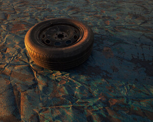 Old car wheel on weathered rusty blue painted metal sheet.