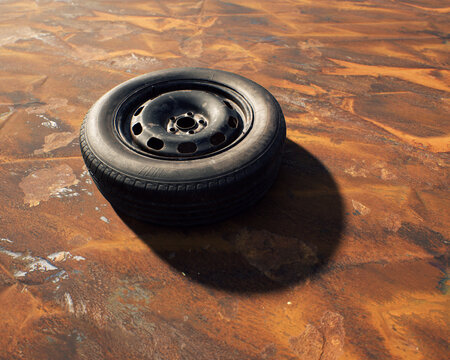 Old car wheel on weathered rusty painted metal sheet.