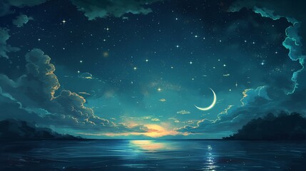 Fototapeta na wymiar Crescent Moon over Ocean at Twilight