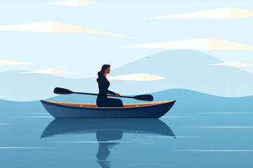 Business graphic vector modern style illustration of a business person in a boat depicting isolation, drifting, cut adrift in shark invested waters remote from the workplace or team