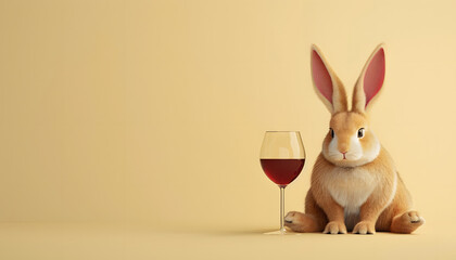 3D rabbit looking at a glass of wine and feeling happy