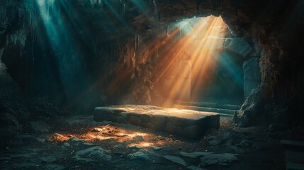 Empty Tomb With Crucifixion At Sunrise - Resurrection Concept. Resurrection - Light In Tomb Empty With Crucifixion At Sunrise, easter , jesus , christian ,background - obrazy, fototapety, plakaty