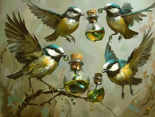 Depiction of Birds Imbibing Potions to Gain Ethereal Flight Abilities in a Verdant,Magical Woodland Landscape