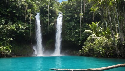 A tropical waterfall cascading into a pristine lag upscaled 3