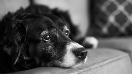 Black and white photography of the pet dog taken at home. Animal photography