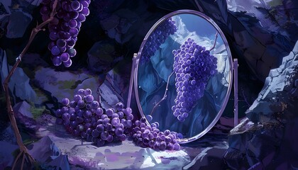 Ethereal Grape Reflection in Mirrored Surreal Moment - obrazy, fototapety, plakaty