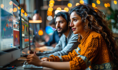 Obraz premium Indian Software Developers Collaborating on Finance Software Project in Tech Workplace
