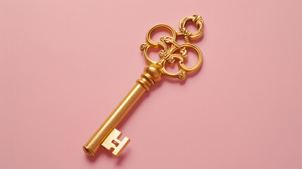 Vintage Golden Key on Pastel Pink, Elegance and Mystery Concept.
