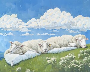 Peaceful Flock of Fluffy Sheep Resting Contentedly on a Scenic Grassy Hillside under a Calm,Cloudy Sky - obrazy, fototapety, plakaty