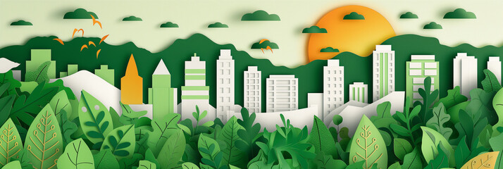Green city landscape with skyscrapers and trees. Paper cut style