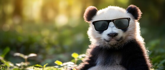 Panda with cool and dark sunglasses, green background