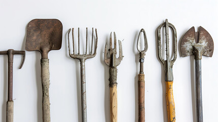 a set of gardening tools on a white background