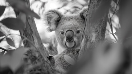 Black and white photo of a koala hugging a tree. animal photography