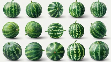 Set of whole, green, round watermelons, isolated on a transparent background with a PNG cutout or clipping path. - obrazy, fototapety, plakaty