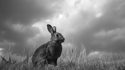 Black and white photography of the rabbit taken on meadow, dark with clouds. Animal photography